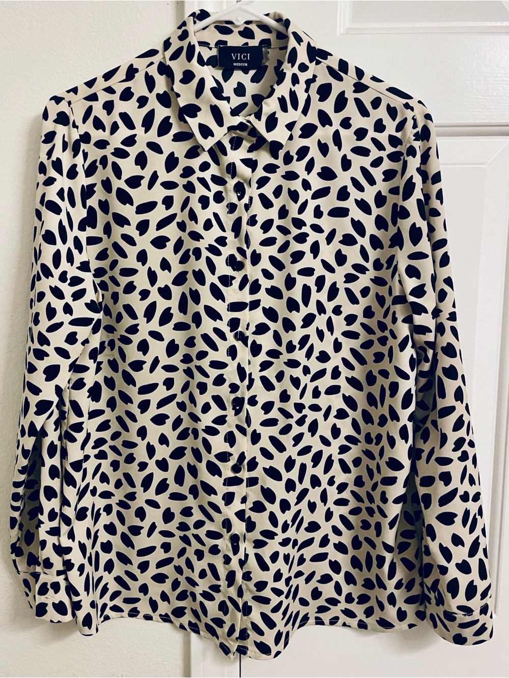 VICI Cream Button-Down Shirt with Black Leaf Print